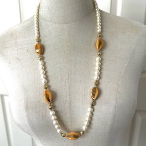 Faux pearl gold tone accent bead necklace